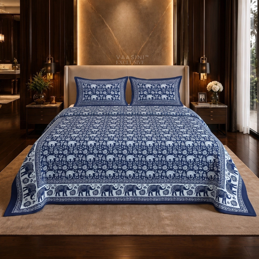 Gajraj Sacred Indigo Block Print King Size Bedsheet
