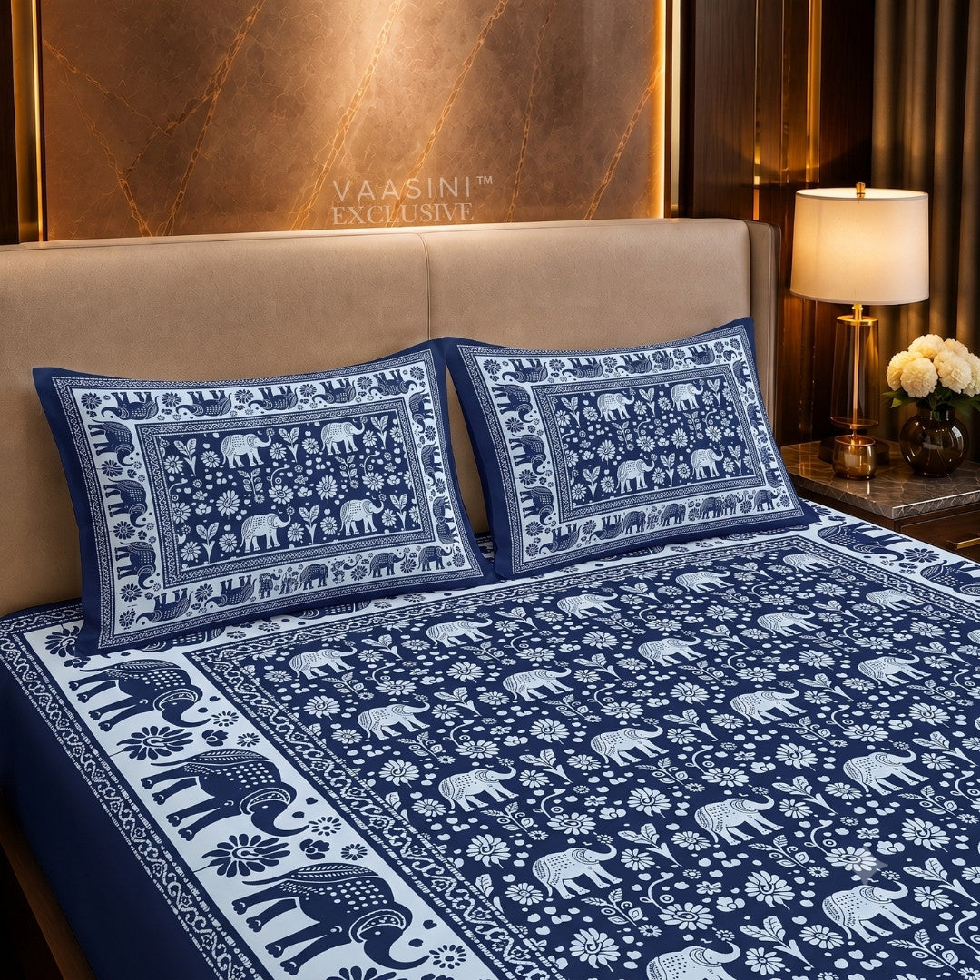 Gajraj Sacred Indigo Block Print King Size Bedsheet