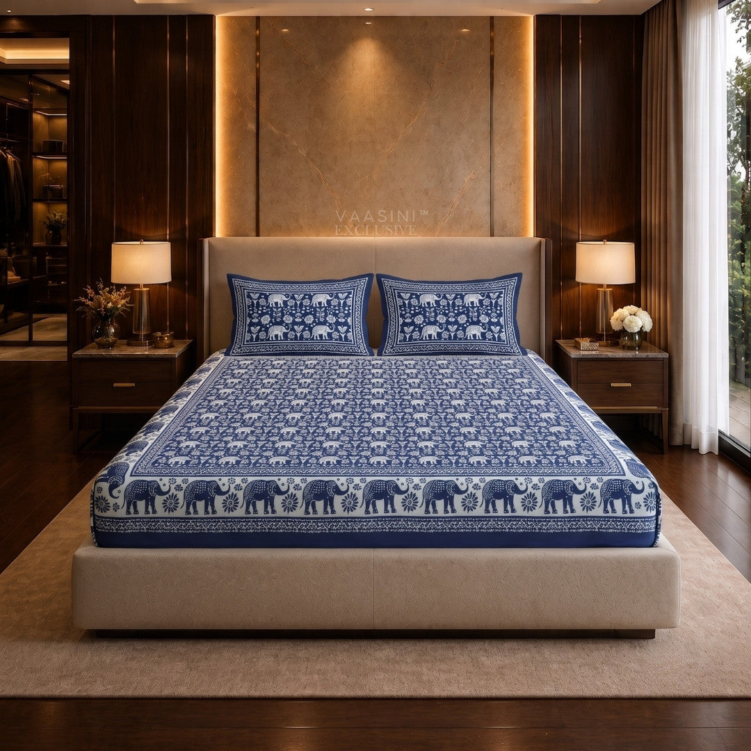 Gajraj Sacred Indigo Block Print King Size Bedsheet