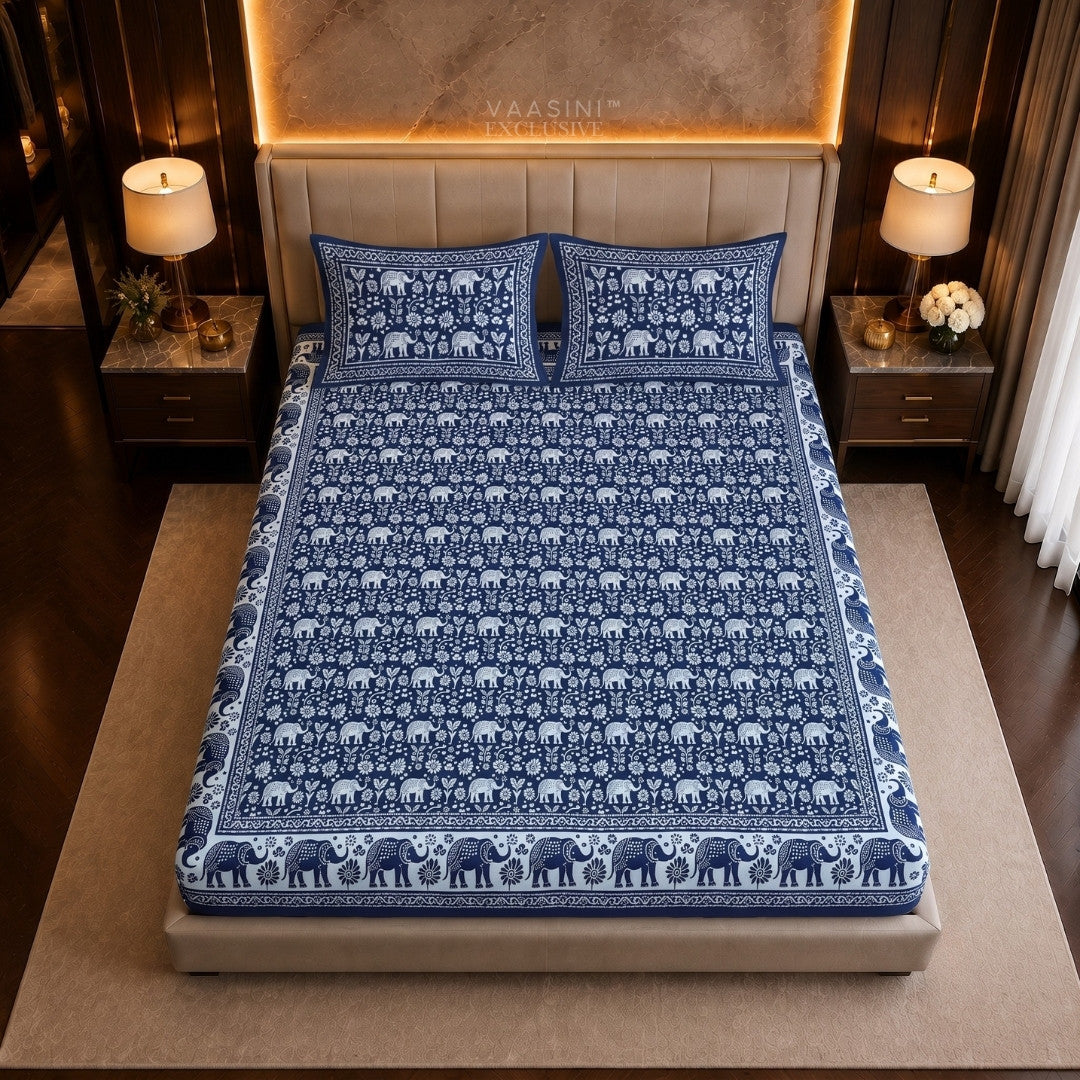 Gajraj Sacred Indigo Block Print King Size Bedsheet