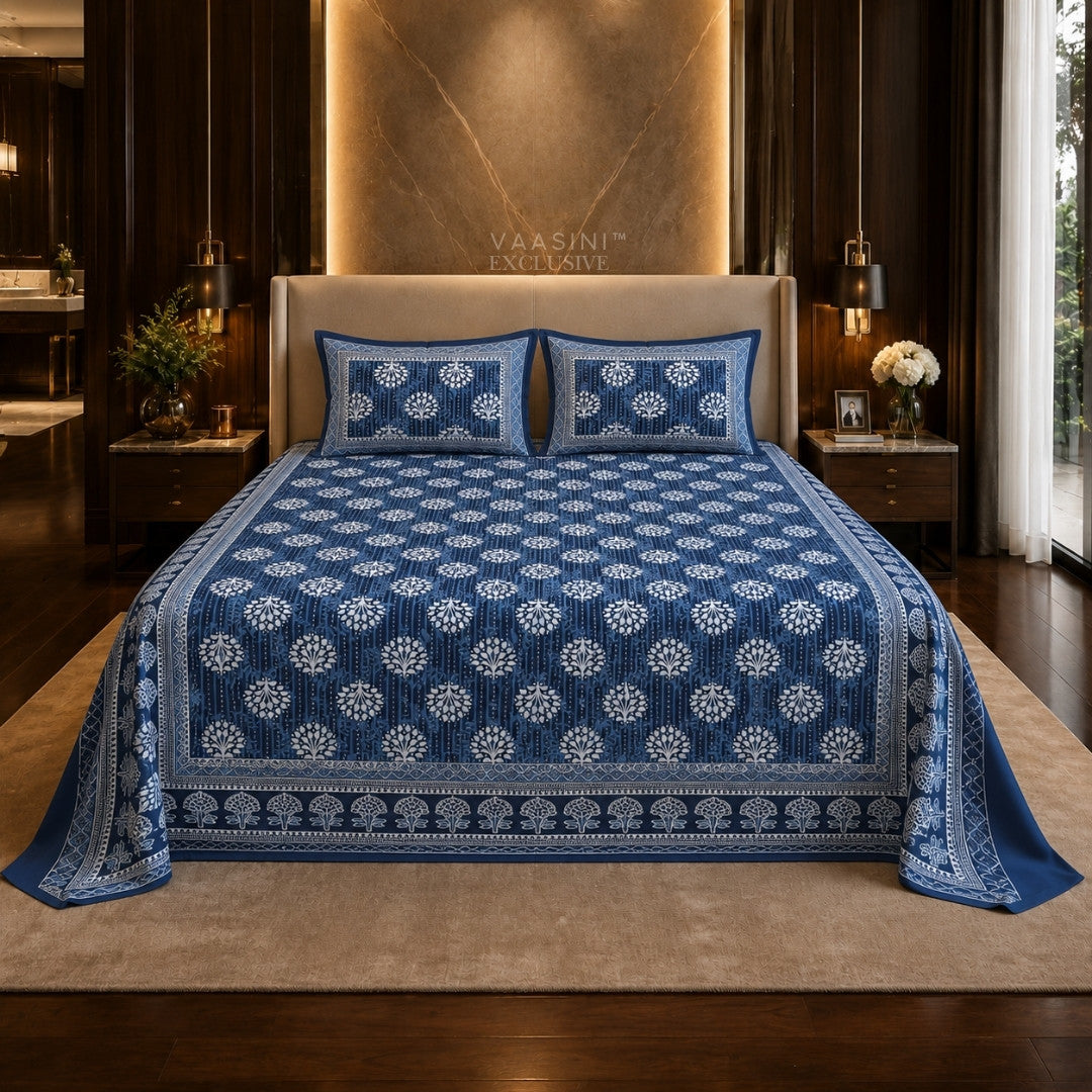 Kalpavriksha Indigo Traditional Block Print King Size Bedsheet