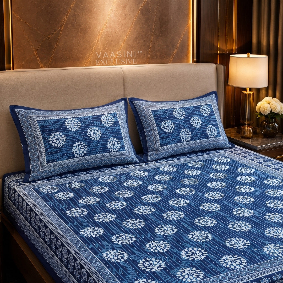 Kalpavriksha Indigo Traditional Block Print King Size Bedsheet