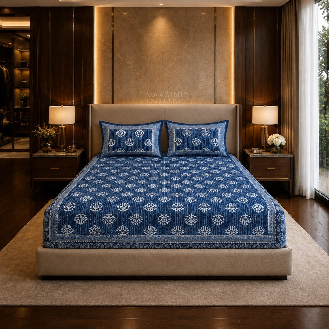Kalpavriksha Indigo Traditional Block Print King Size Bedsheet