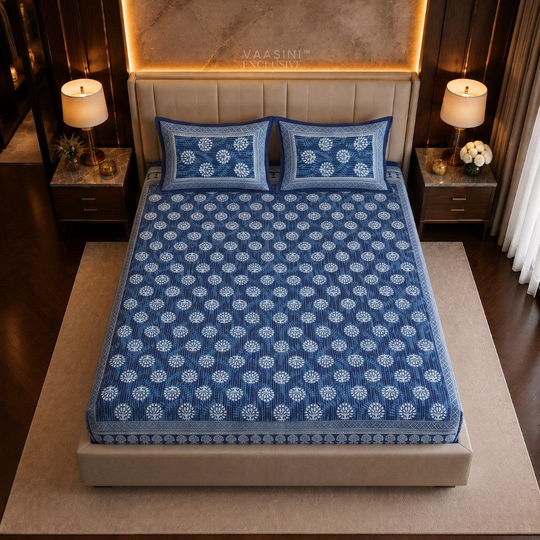 Kalpavriksha Indigo Traditional Block Print King Size Bedsheet