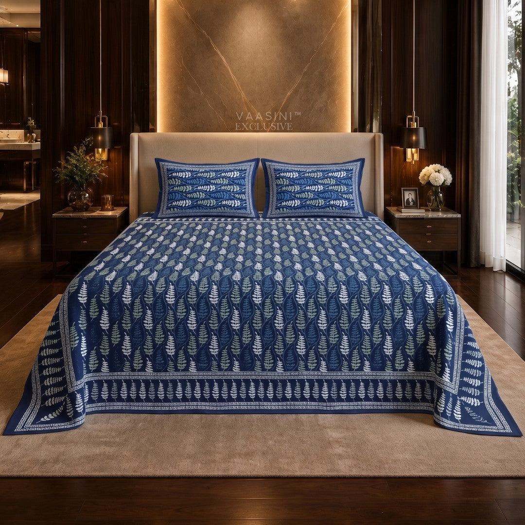 Vrindavan Leaf Lattice Indigo Print King Size Bedsheet