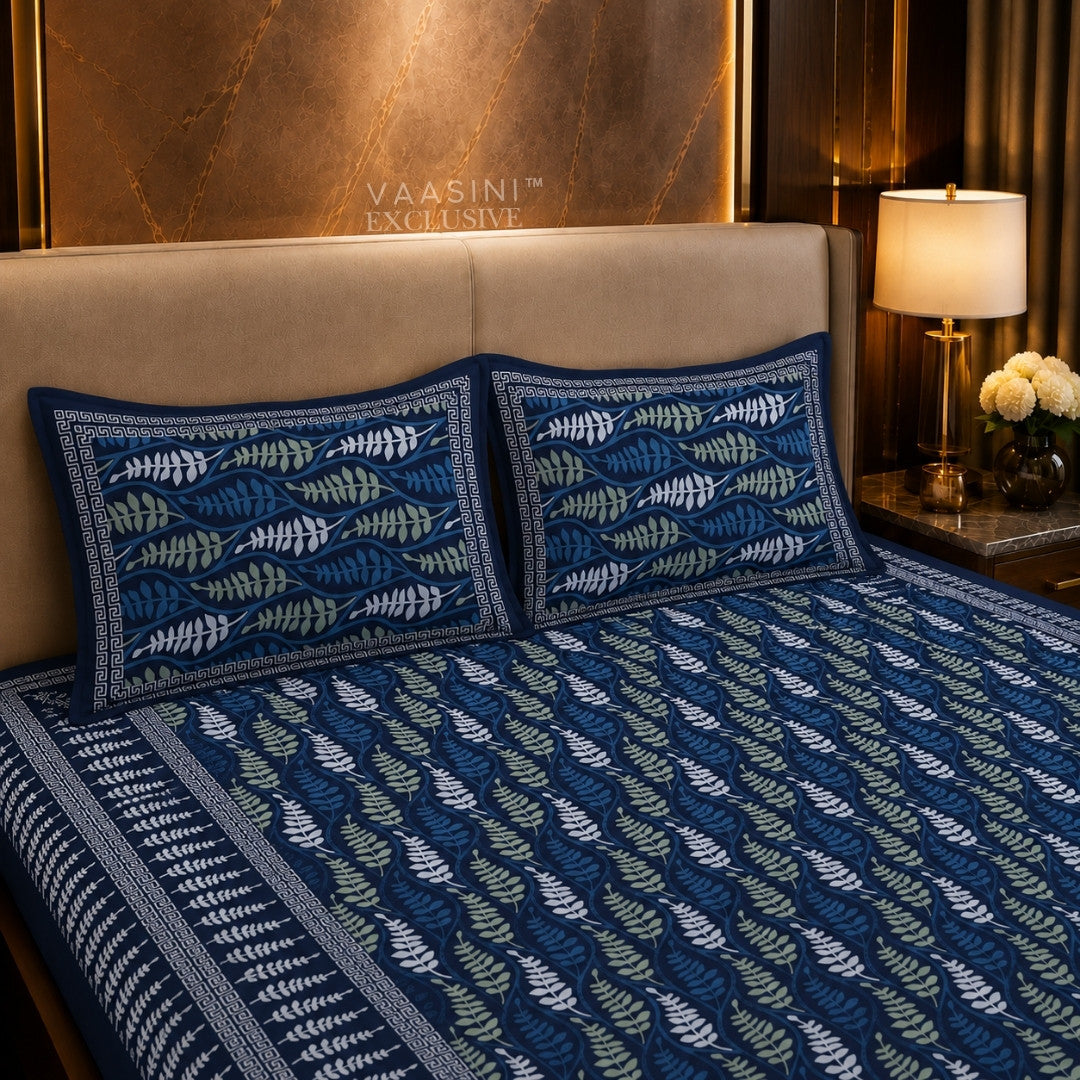 Vrindavan Leaf Lattice Indigo Print King Size Bedsheet