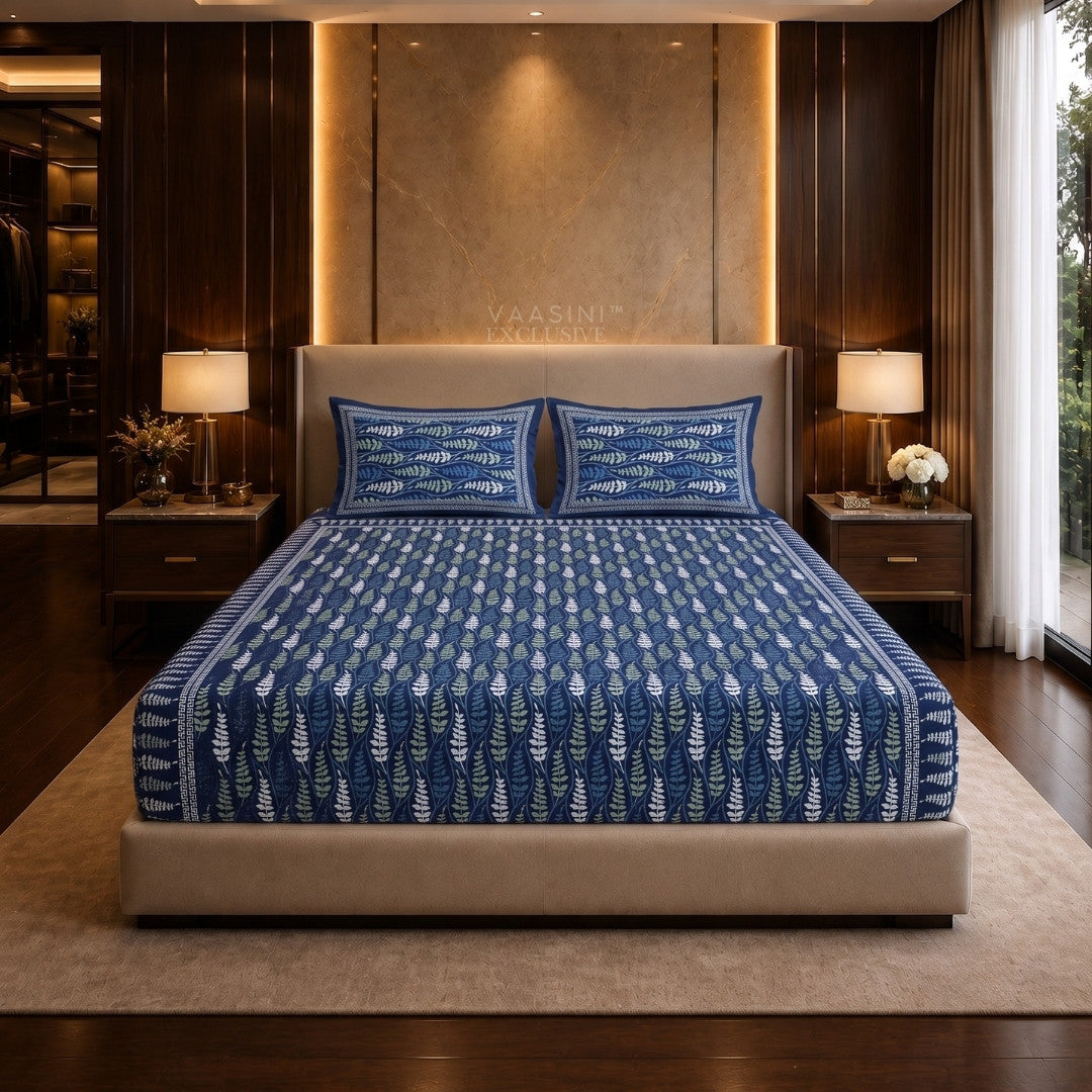 Vrindavan Leaf Lattice Indigo Print King Size Bedsheet