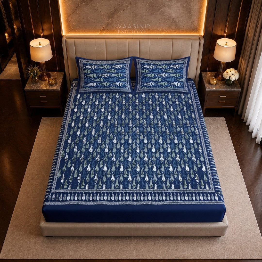 Vrindavan Leaf Lattice Indigo Print King Size Bedsheet