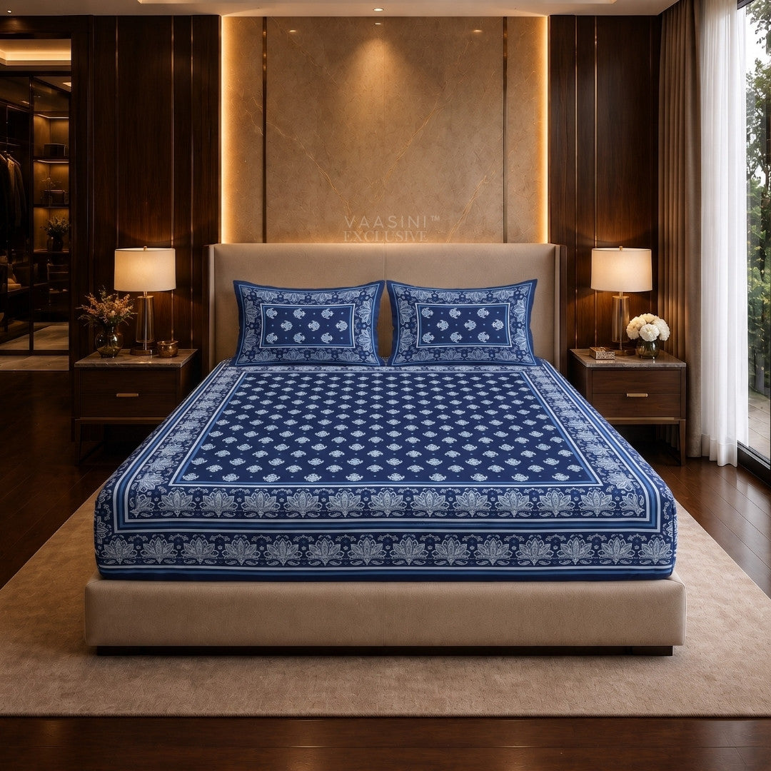 Padma Heritage Indigo Block Print King Size Bedsheet