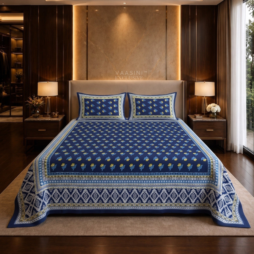 Swarna Kamal Mustard & Indigo Print King Size Bedsheet