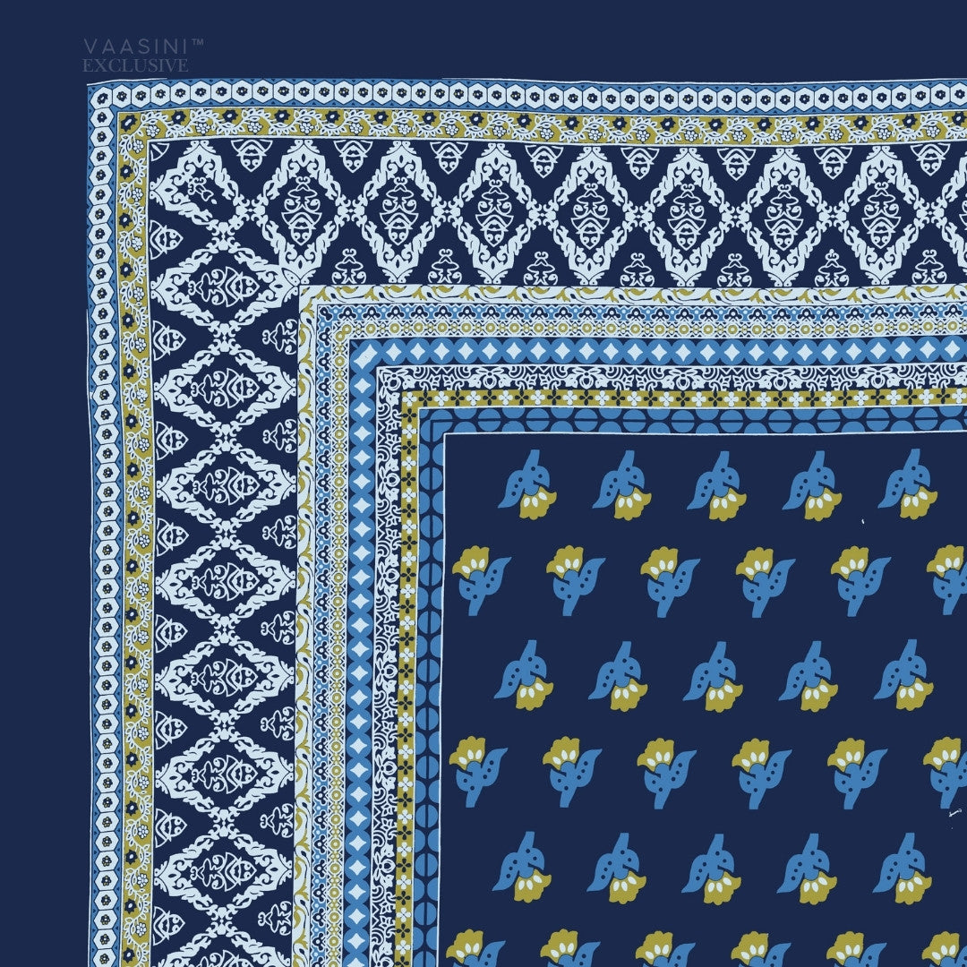 Swarna Kamal Mustard & Indigo Print King Size Bedsheet
