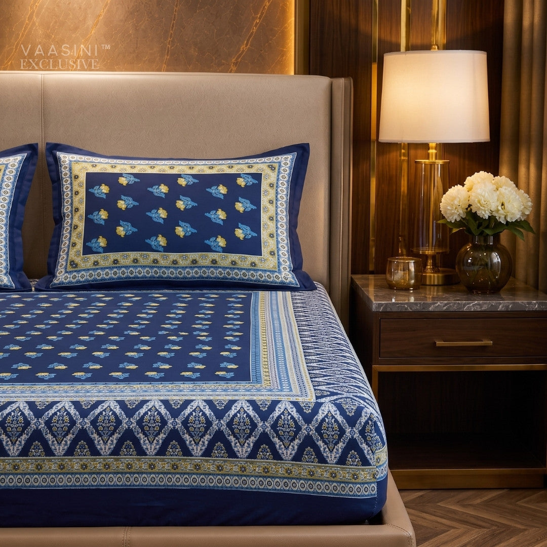 Swarna Kamal Mustard & Indigo Print King Size Bedsheet