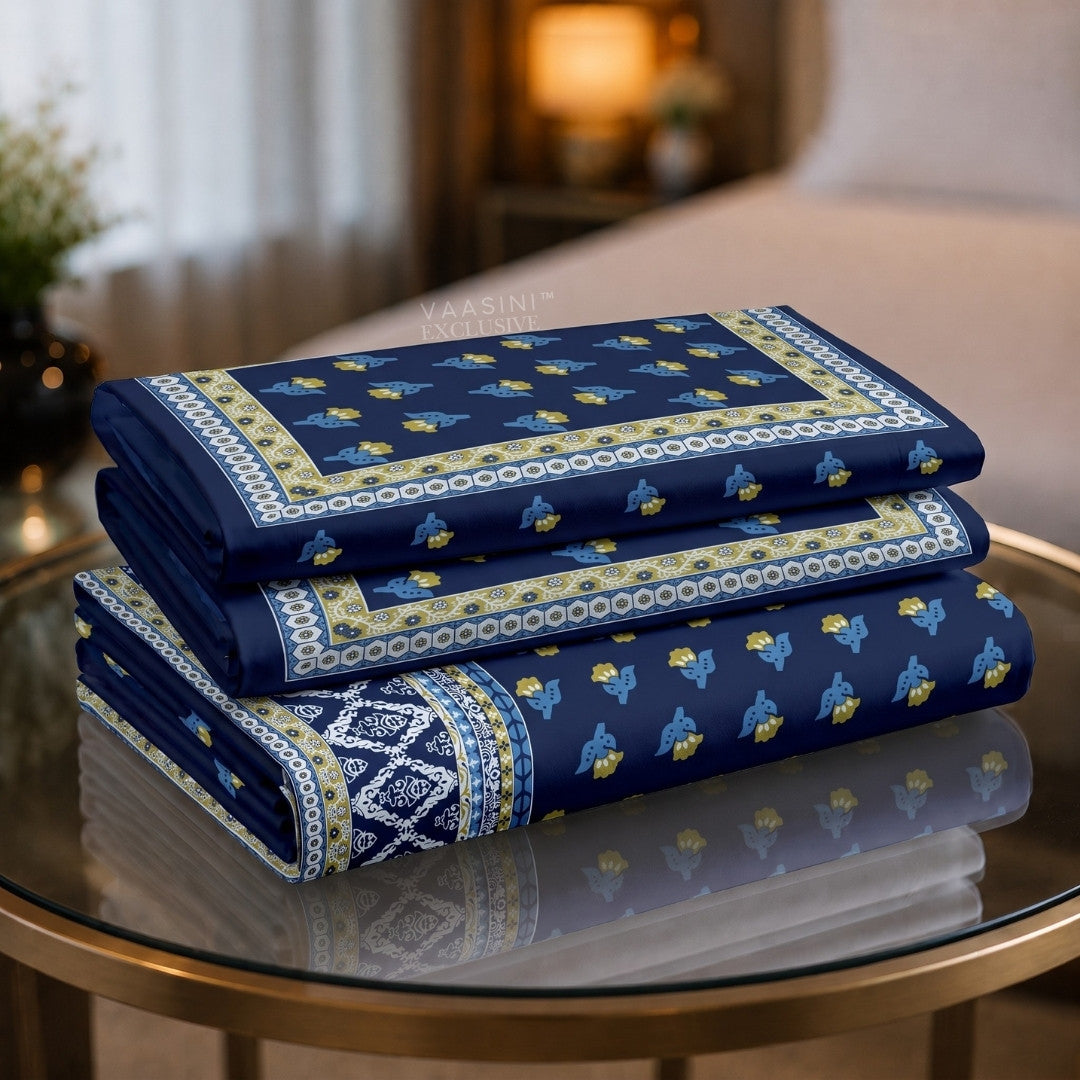 Swarna Kamal Mustard & Indigo Print King Size Bedsheet
