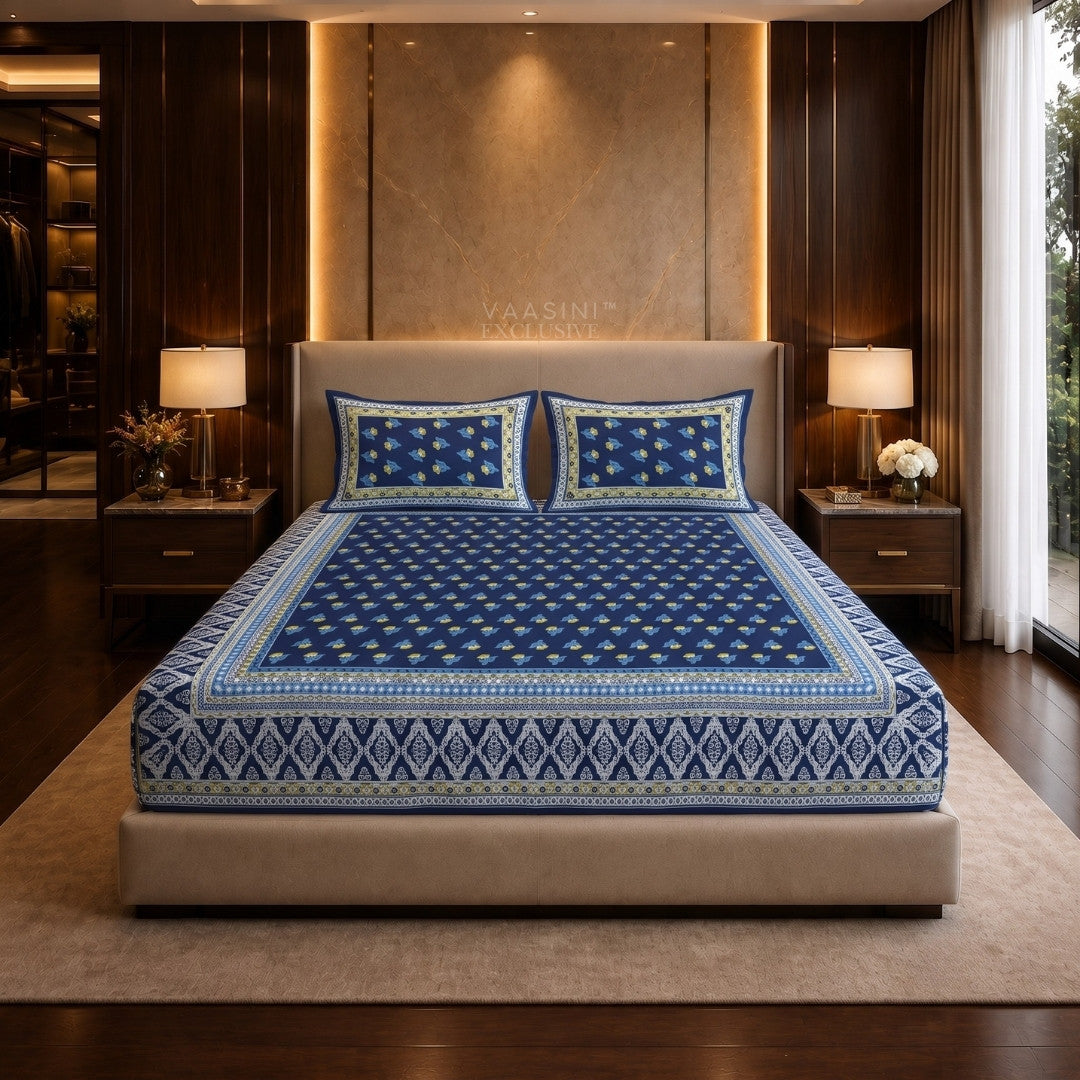Swarna Kamal Mustard & Indigo Print King Size Bedsheet