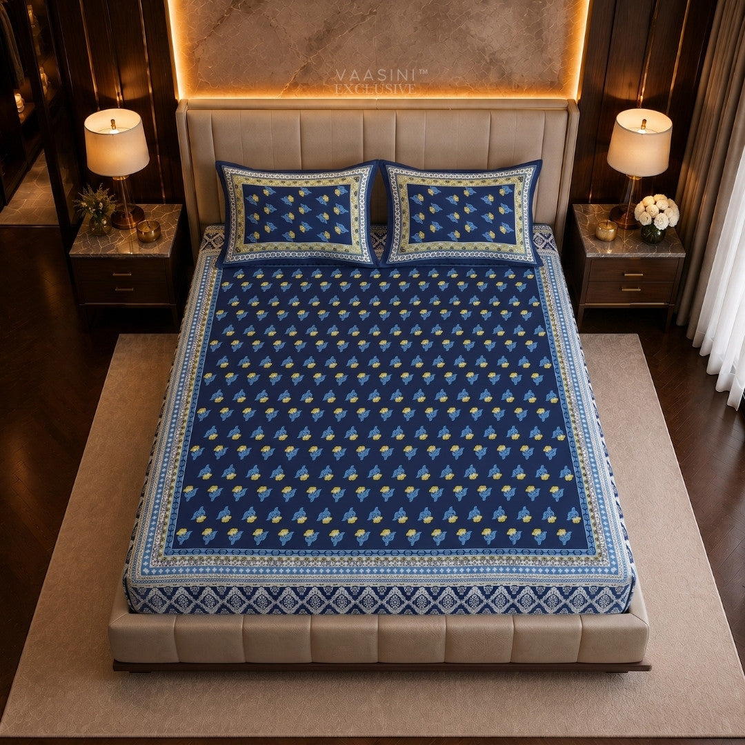 Swarna Kamal Mustard & Indigo Print King Size Bedsheet