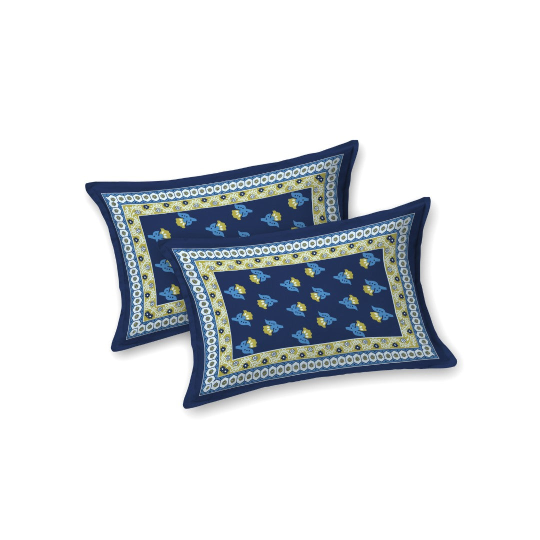 Swarna Kamal Mustard & Indigo Print King Size Bedsheet