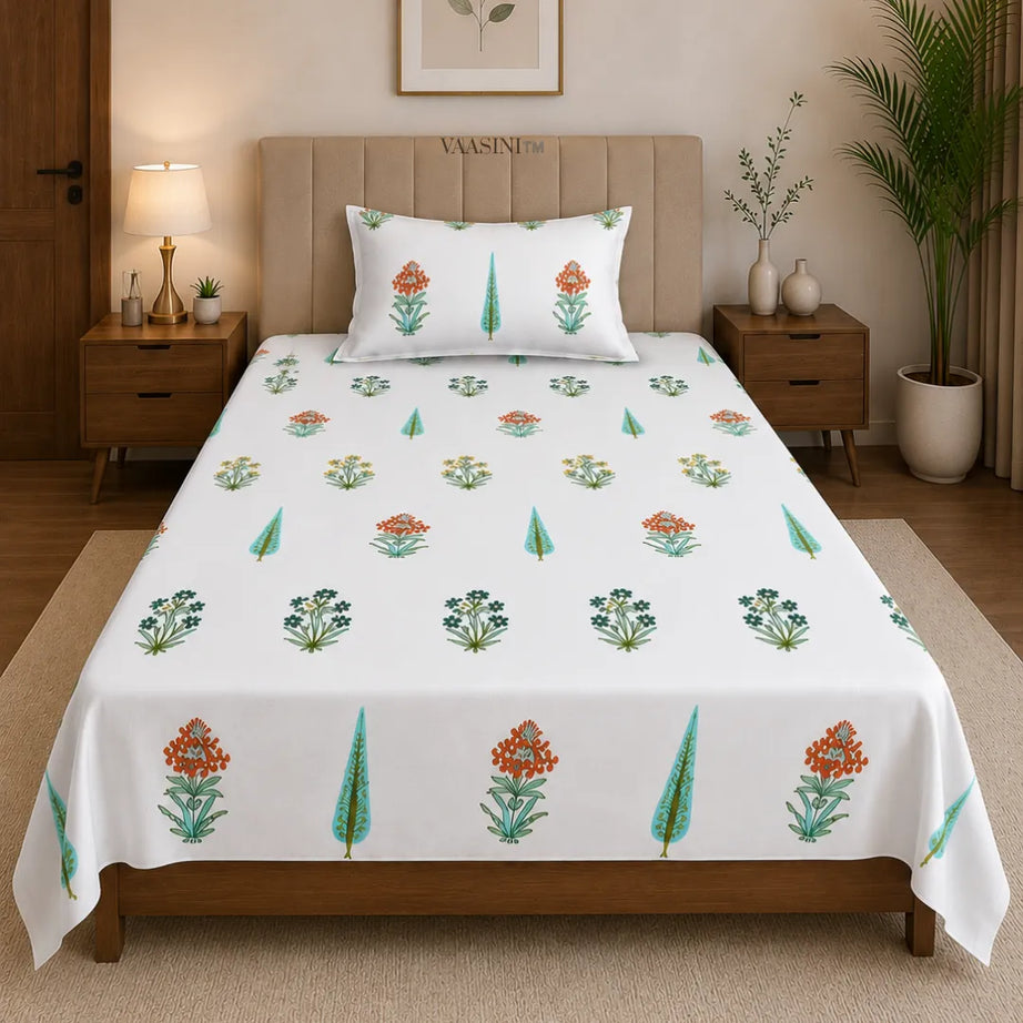 Multicolor Floral Boota and Cypress Tree Sanganeri Printed Single Bedsheet