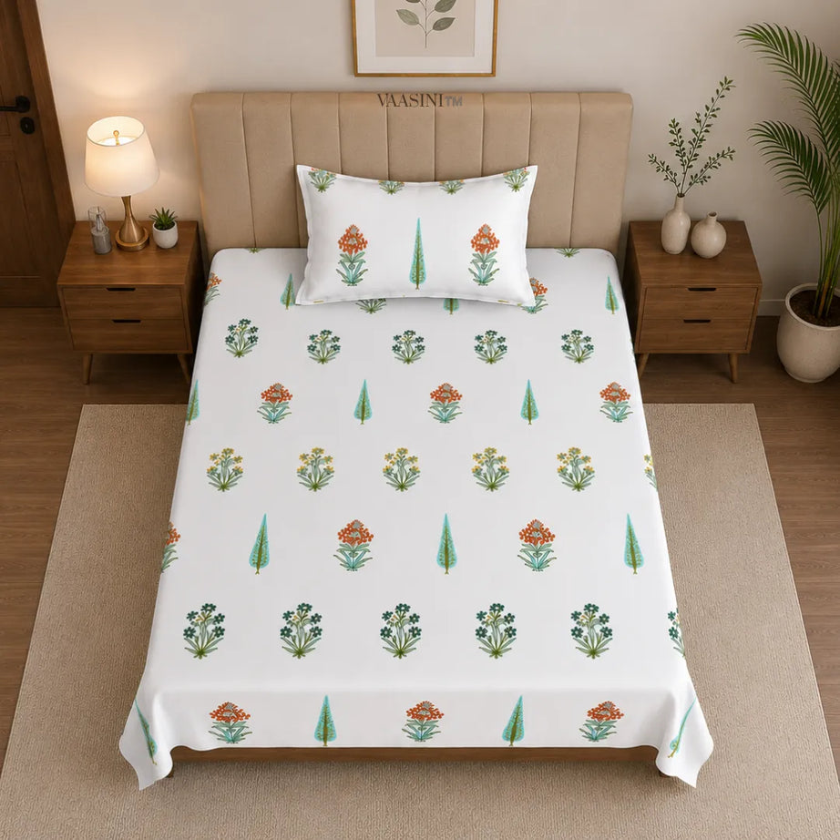 Multicolor Floral Boota and Cypress Tree Sanganeri Printed Single Bedsheet