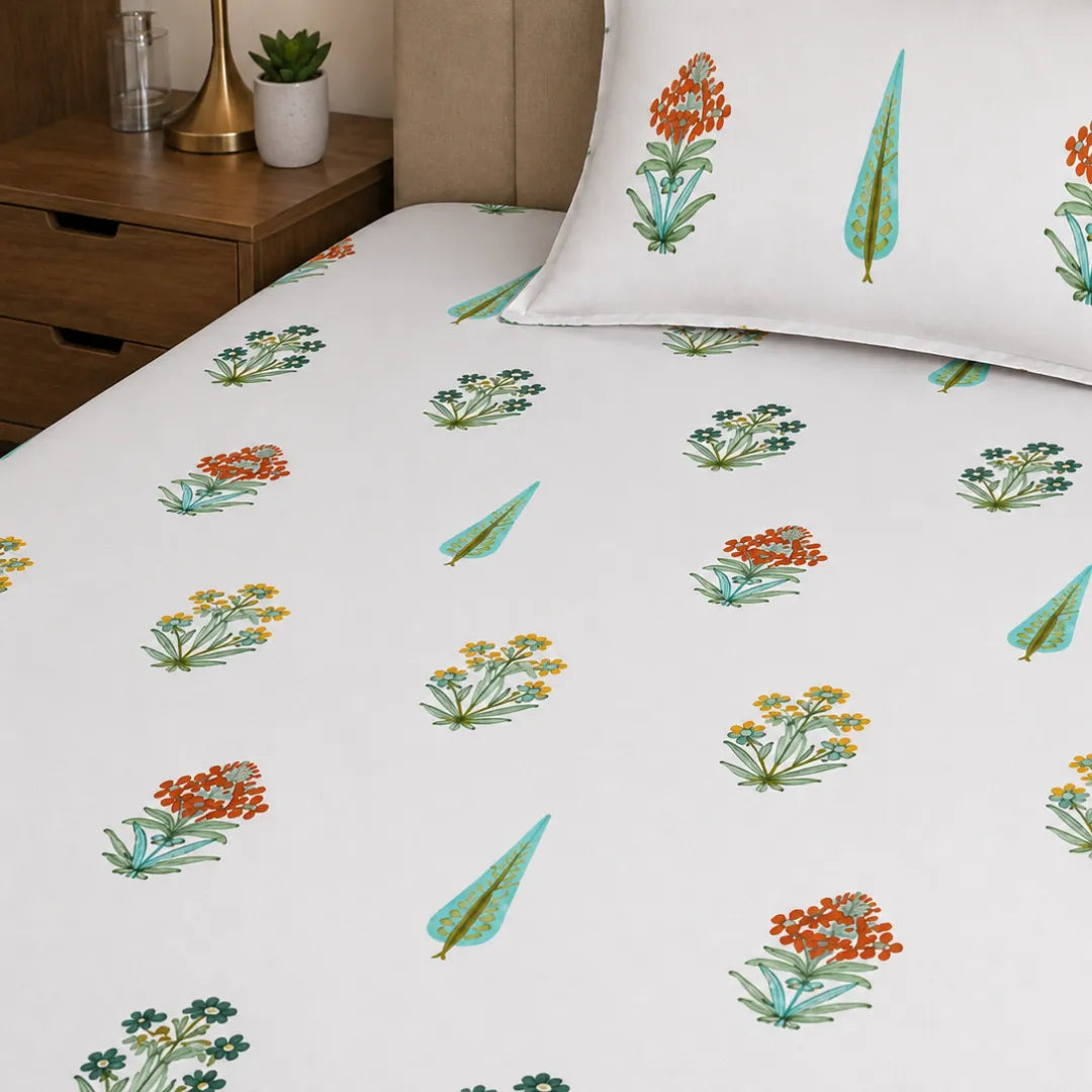 Multicolor Floral Boota and Cypress Tree Sanganeri Printed Single Bedsheet