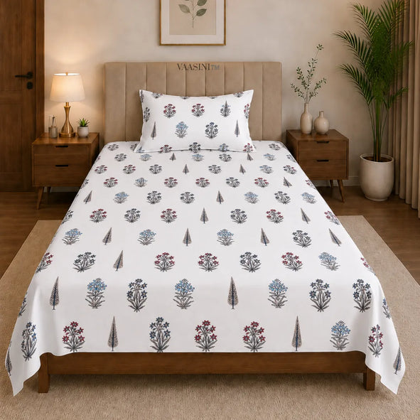 Indigo and Maroon Small Floral Buti Hand Block Print Single Bedsheet