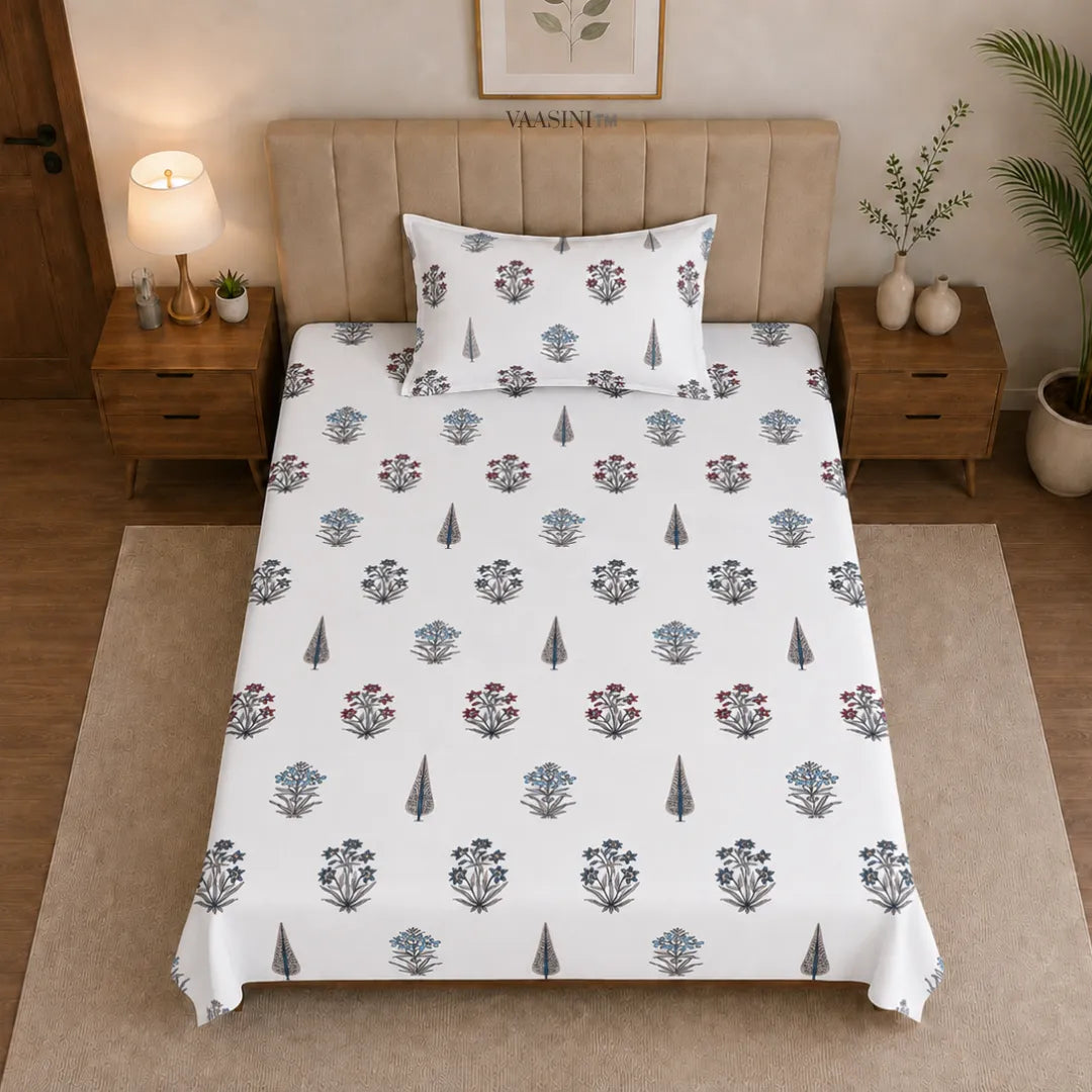 Indigo and Maroon Small Floral Buti Hand Block Print Single Bedsheet