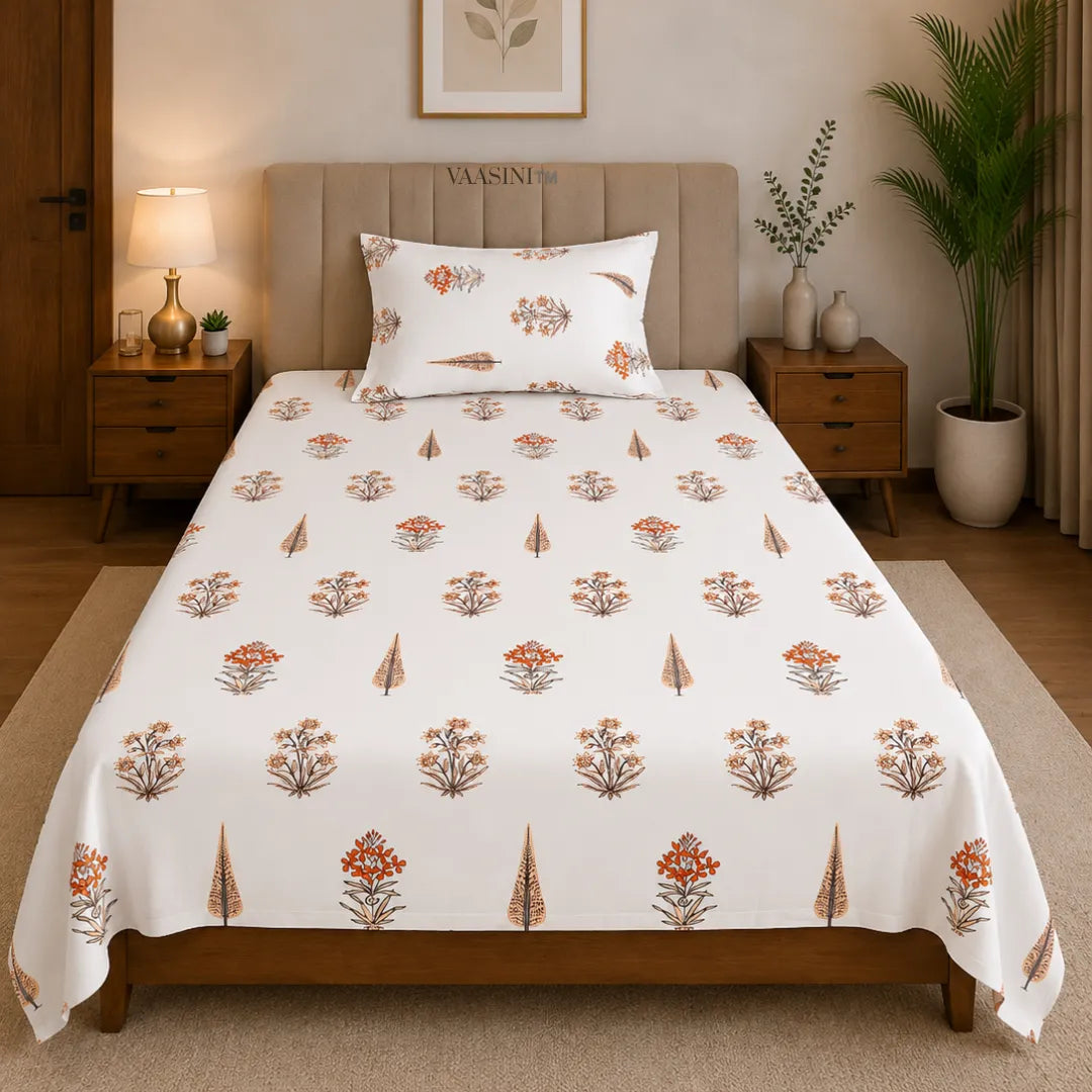 Terracotta Orange and Indigo Mughal Boota Block Print Single Bedsheet