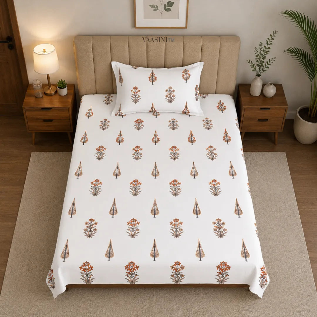Terracotta Orange and Indigo Mughal Boota Block Print Single Bedsheet