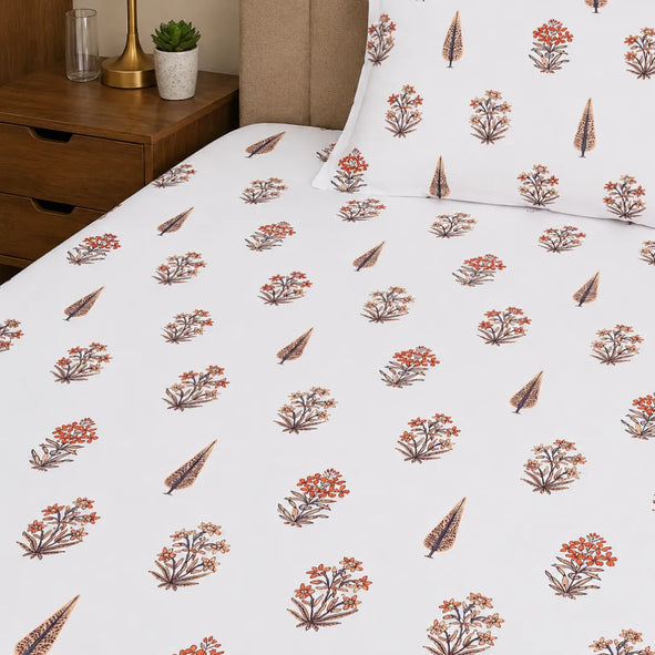 Terracotta Orange and Indigo Mughal Boota Block Print Single Bedsheet
