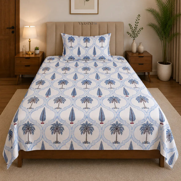 Classic Blue Palm Tree and Cypress Jali Print Single Bedsheet