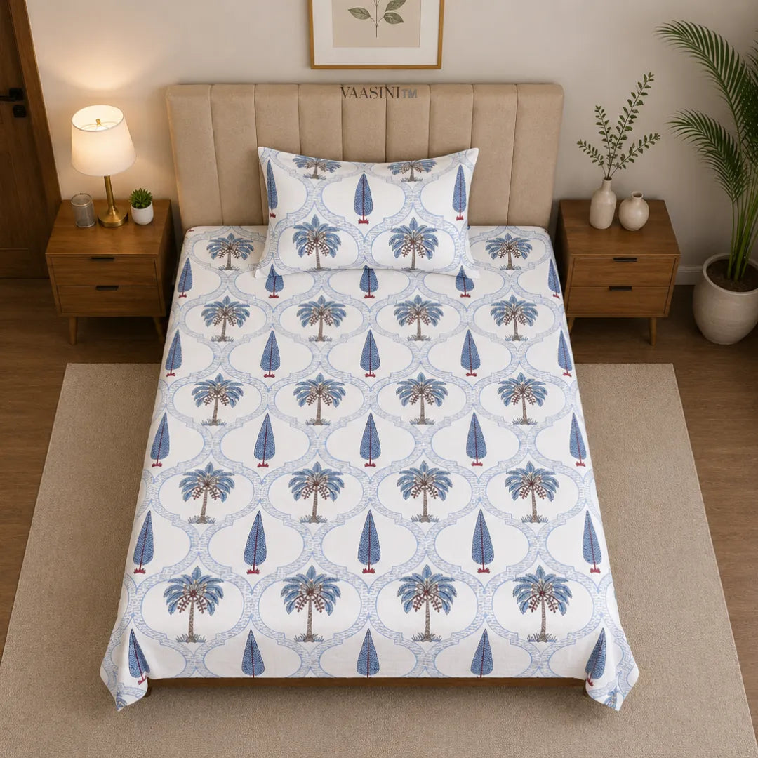 Classic Blue Palm Tree and Cypress Jali Print Single Bedsheet