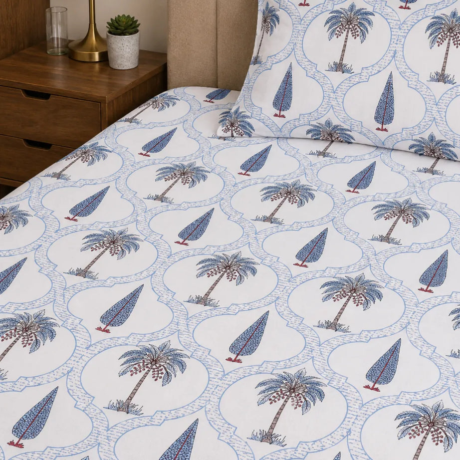 Classic Blue Palm Tree and Cypress Jali Print Single Bedsheet
