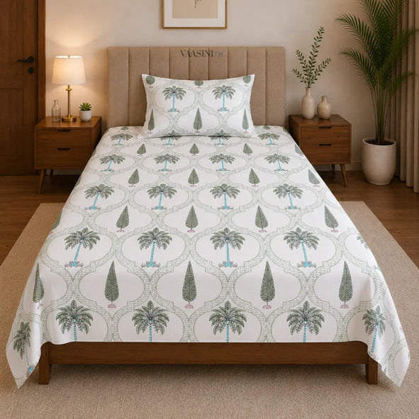 Sage Green Palm Tree and Cypress Geometric Arch Single Bedsheet