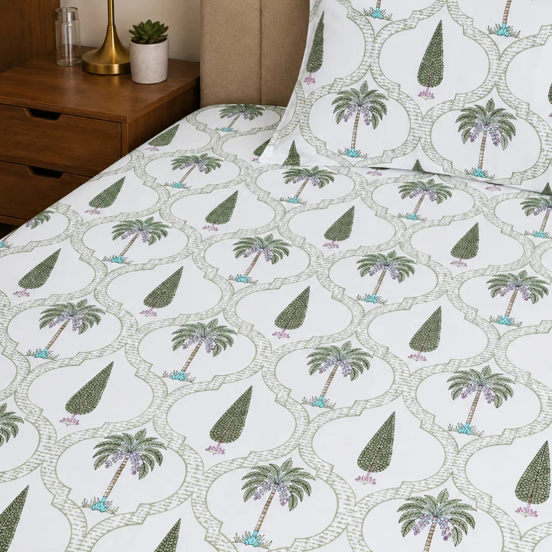 Sage Green Palm Tree and Cypress Geometric Arch Single Bedsheet
