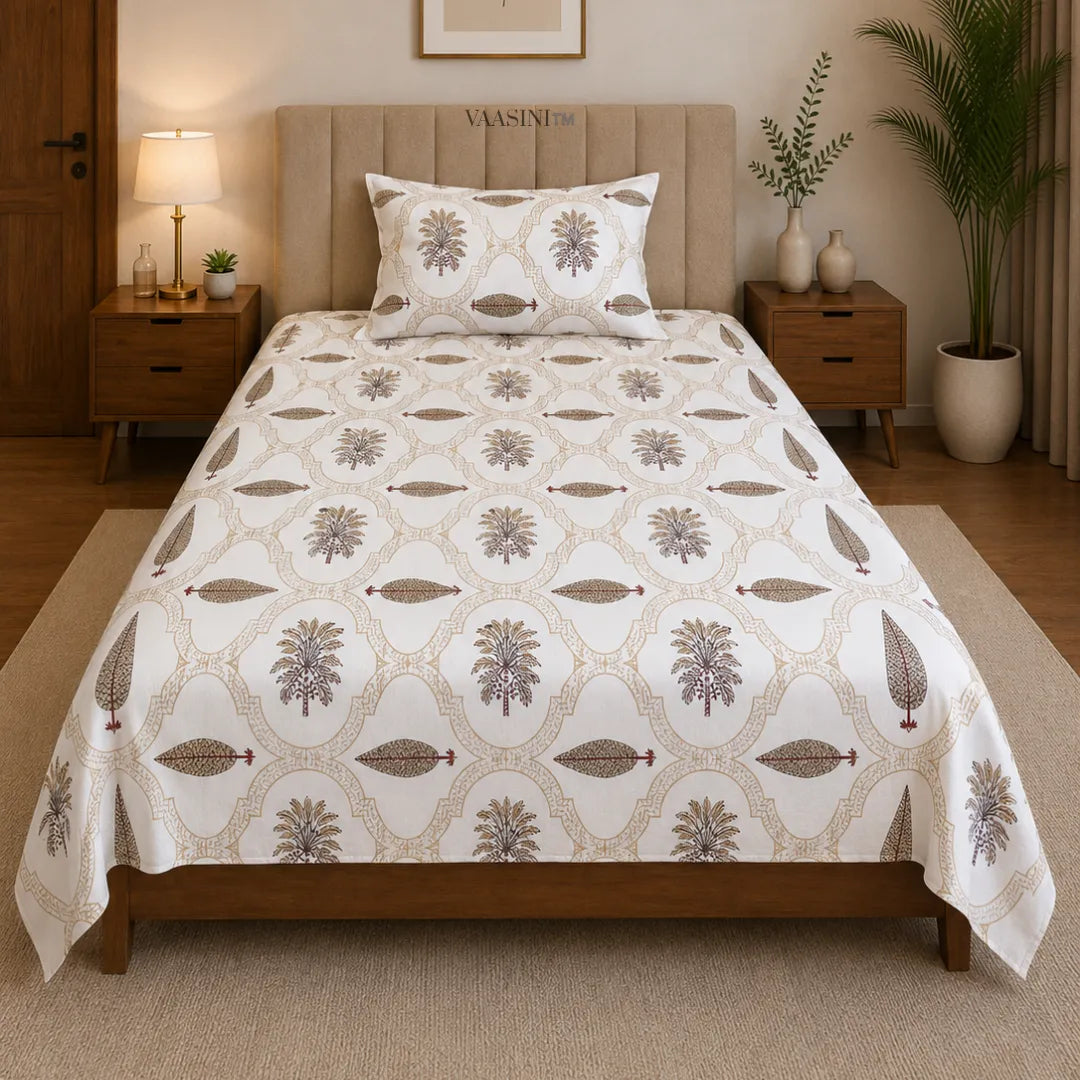 Earth Brass and Brown Palm Tree Traditional Block Print Single Bedsheet
