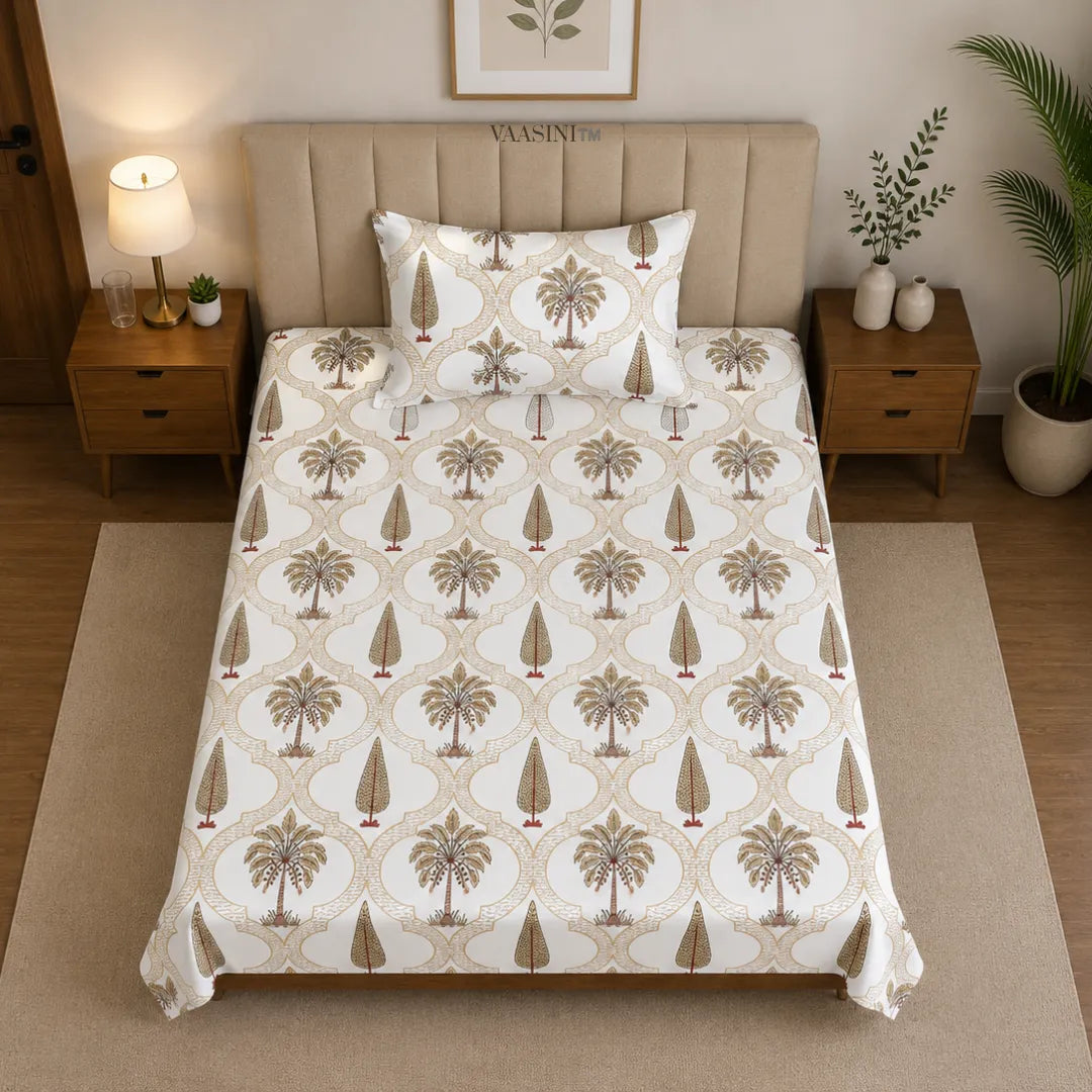 Earth Brass and Brown Palm Tree Traditional Block Print Single Bedsheet