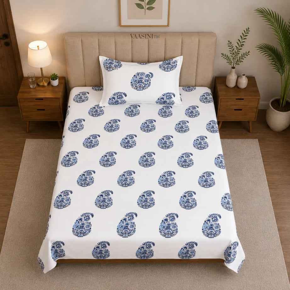 Ocean Blue Soft Buti Paisley Hand Block Print Single Bedsheet