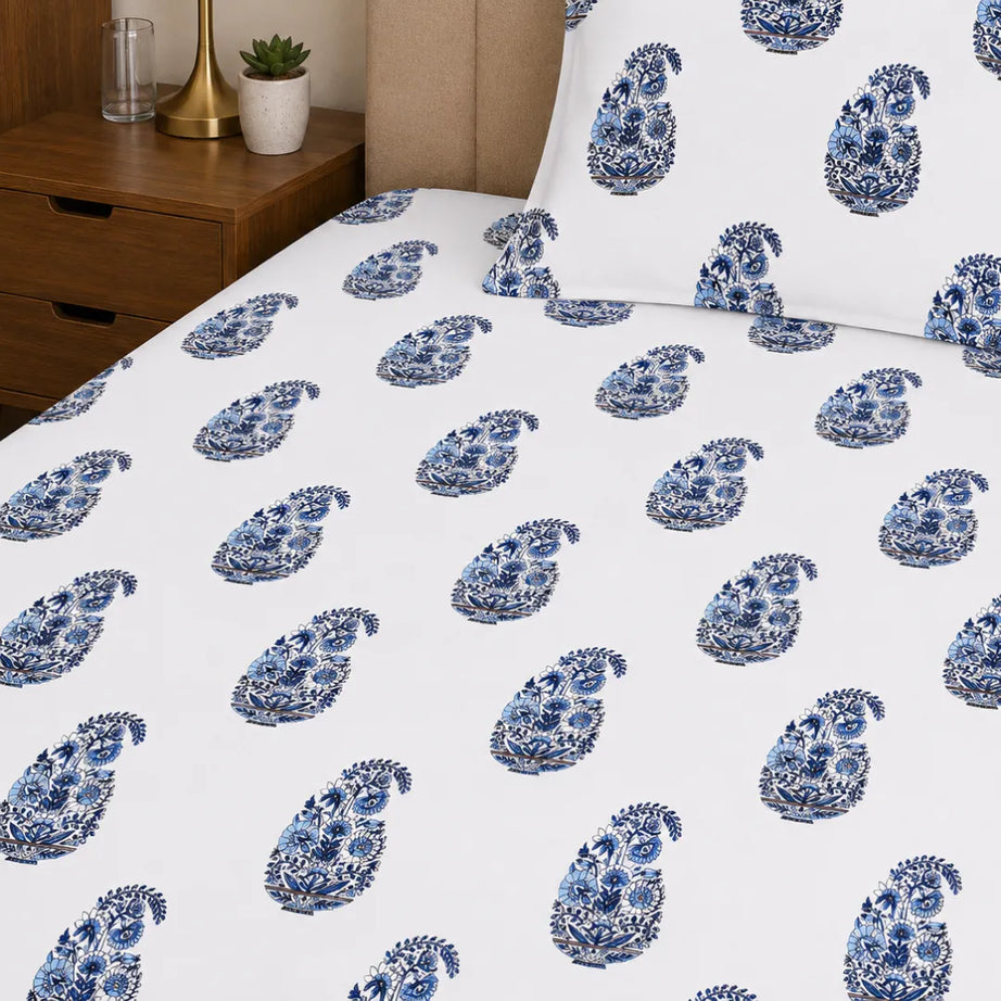 Ocean Blue Soft Buti Paisley Hand Block Print Single Bedsheet
