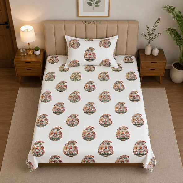 Marigold and Forest Green Heritage Mughal Paisley Single Bedsheet
