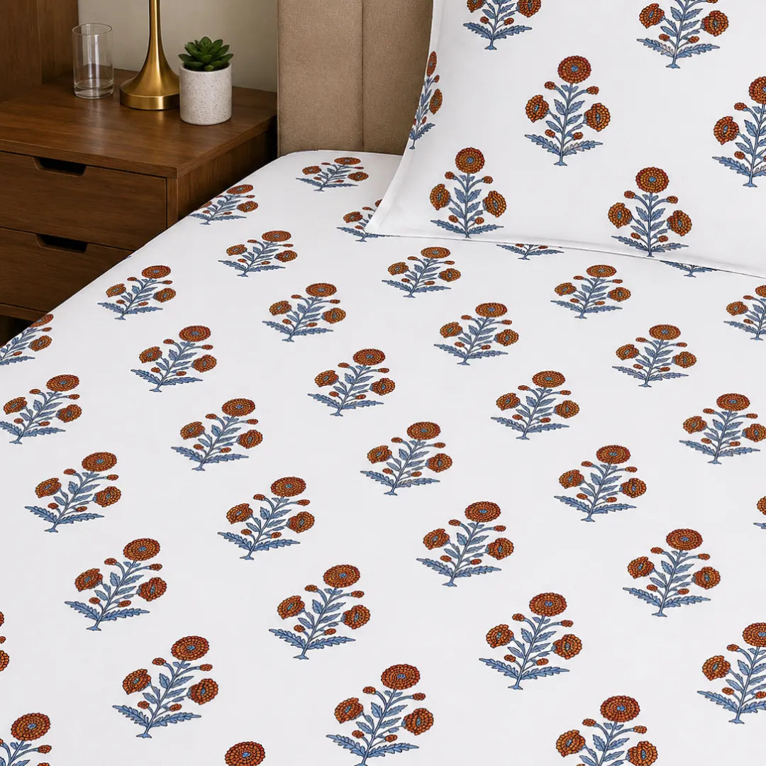 Rust Orange and Slate Blue Vintage Floral Stem Single Bedsheet