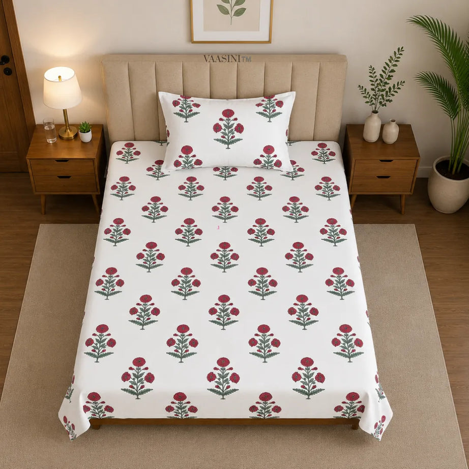 Crimson Red Mughal Rose Boota Hand Block Print Single Bedsheet