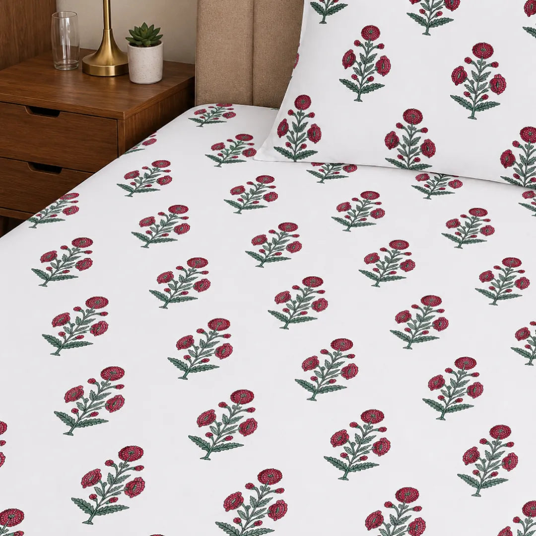 Crimson Red Mughal Rose Boota Hand Block Print Single Bedsheet