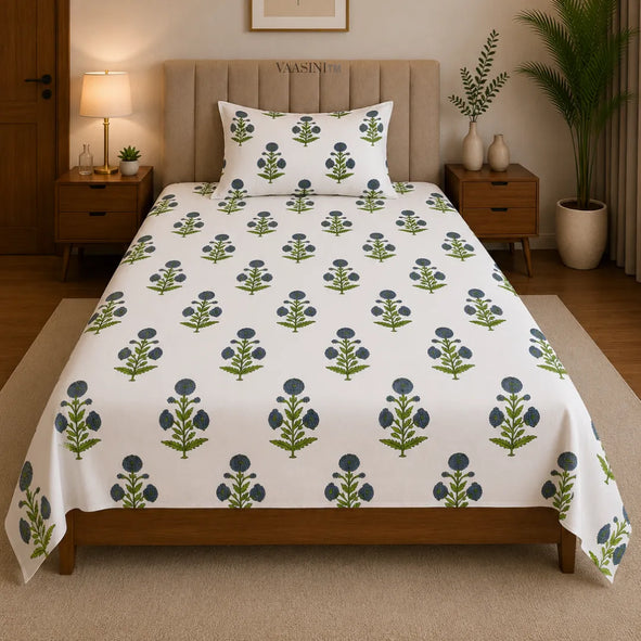 Indigo Blue Marigold Floral Buti Traditional Single Bedsheet