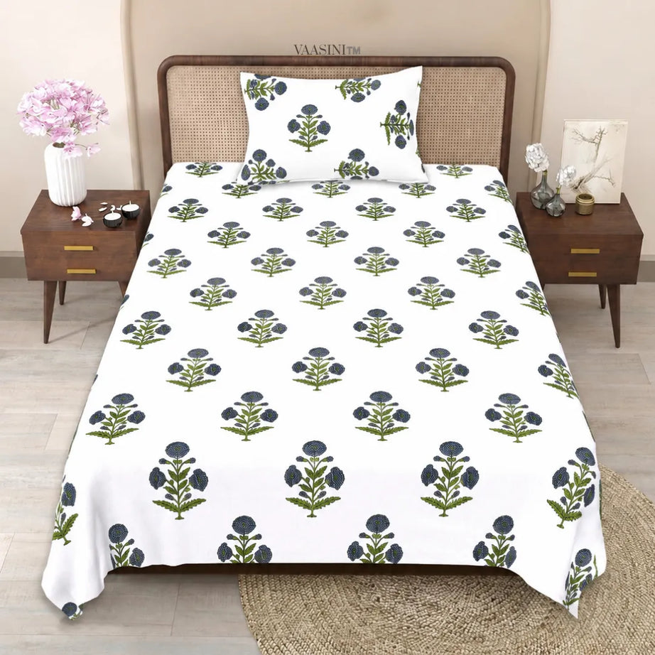 Indigo Blue Marigold Floral Buti Traditional Single Bedsheet