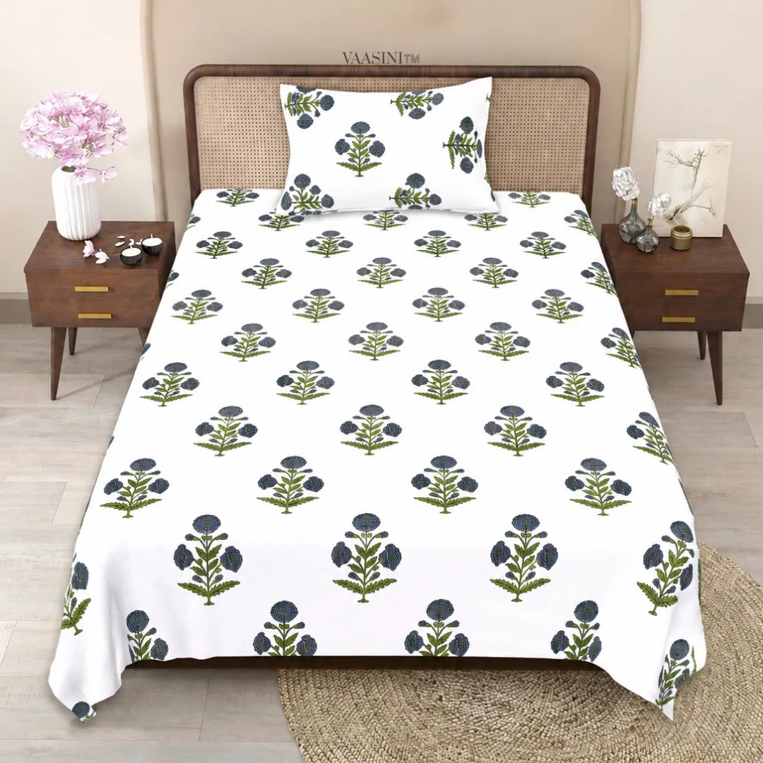 Indigo Blue Marigold Floral Buti Traditional Single Bedsheet