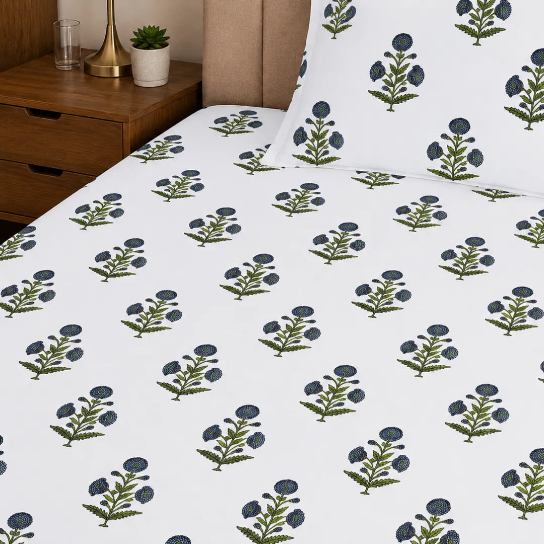 Indigo Blue Marigold Floral Buti Traditional Single Bedsheet