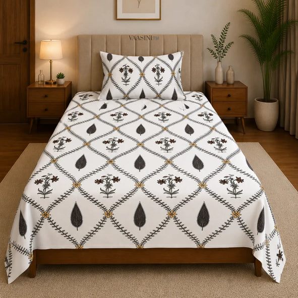 Charcoal Black Floral Vine Jali and Leaf Motif Single Bedsheet