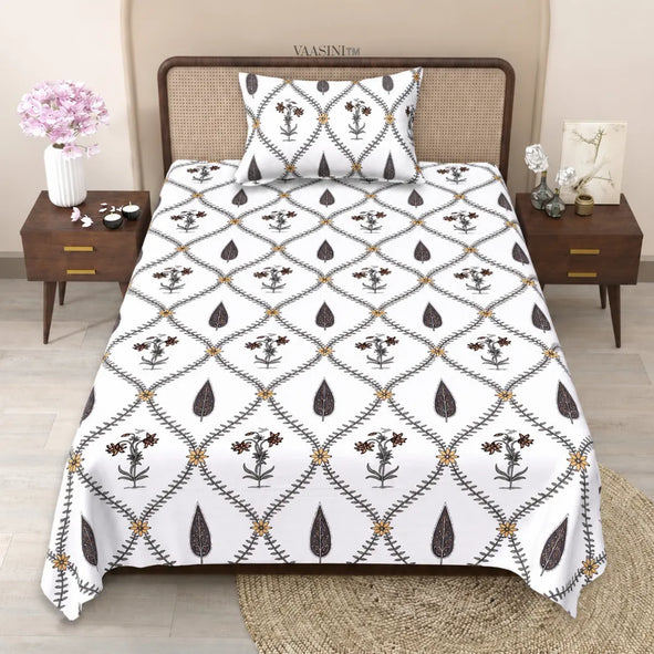 Charcoal Black Floral Vine Jali and Leaf Motif Single Bedsheet