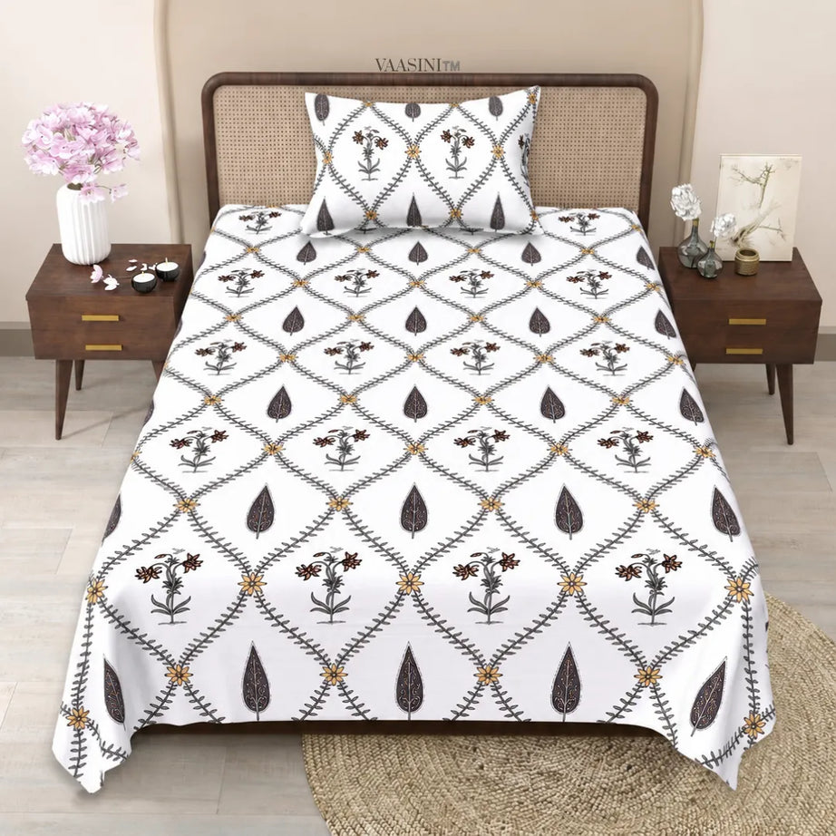Charcoal Black Floral Vine Jali and Leaf Motif Single Bedsheet