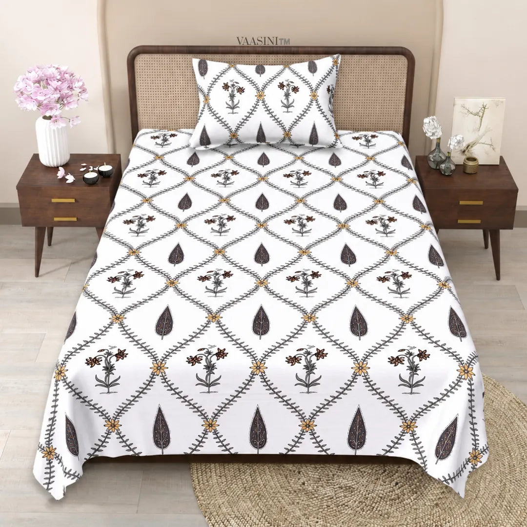 Charcoal Black Floral Vine Jali and Leaf Motif Single Bedsheet