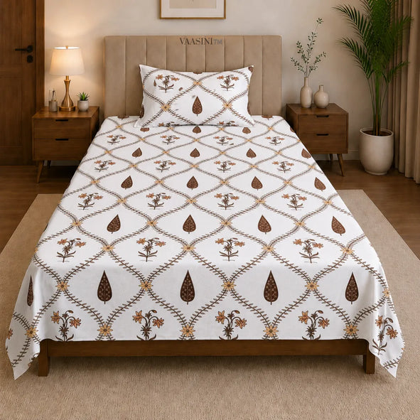 Earthy Terracotta and Brown Vine Net Block Print Single Bedsheet